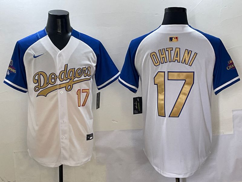 Men Los Angeles Dodgers 17 Ohtani White Blue Gold Game 2025 Nike MLB Jersey style 1